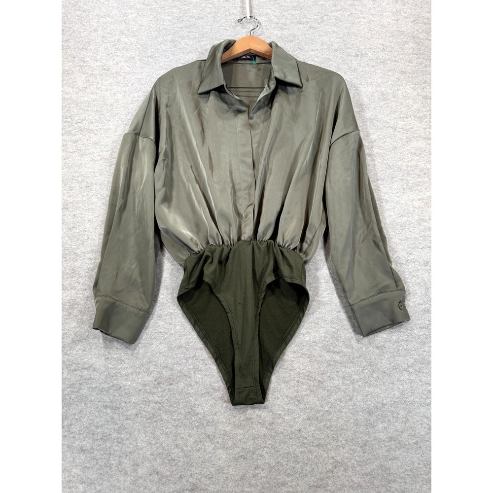 MICAS Super Oversized Boyfriend Shirt Bodysuit Womens Small Olive Green Collared
